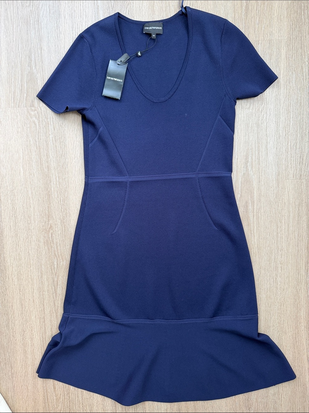 NWT Emporio Armani Navy Knit Flounce Hem Midi Dress Size 46